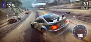 Car drifting through a corner with a speedometer showing 188