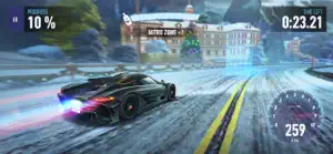 Snowy road race with a nitrous zone marked ahead