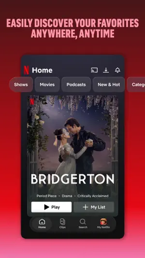 Home screen with show, movie and podcast filters above a series banner