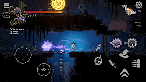 The hat-wearing hero on a dark rooftop ledge with a glowing sun sigil above and the touch controls at the corners