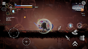 A slash of magic against a horned beast on a stone bridge, with the small movement pad bottom-left