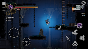 The hero leaping between platforms in a blue-lit ruin with a ladder below