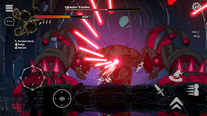 Boss fight against a red-tentacled creature firing crimson beams across the arena