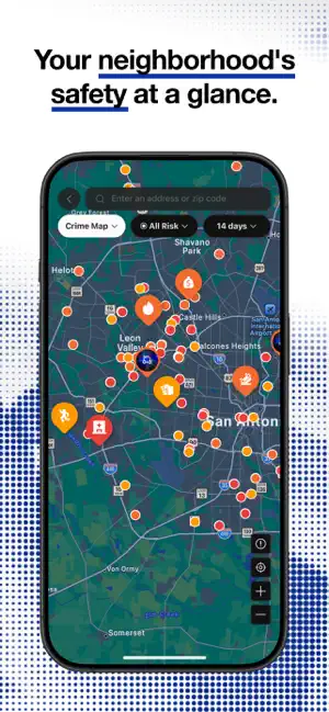 Crime Map over San Antonio with risk-colored incident markers, an All Risk filter and a 14-day window
