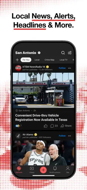 San Antonio For You feed with Local, Crime Map and Local TV tabs above a KTEM NewsRadio story