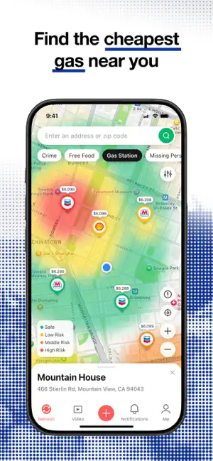 Map with Crime, Free Food and Gas Station layers showing posted gas prices over a Safe-to-High Risk overlay