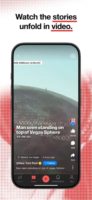 Vertical video feed playing a New York Post clip about a man standing on top of the Las Vegas Sphere