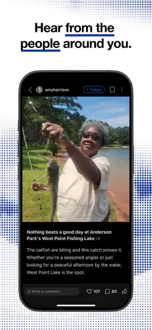 Local user post with a catfish catch at West Point Lake, with likes and comments below