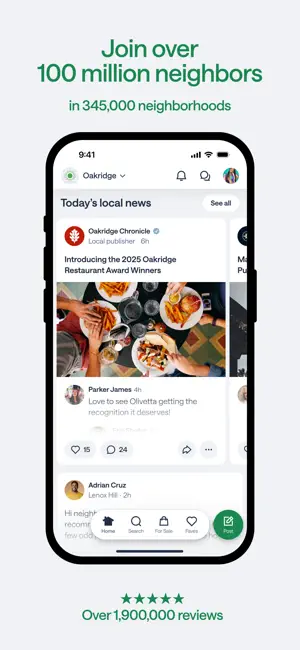 Oakridge home feed with a Today's local news carousel led by a local publisher's restaurant awards story