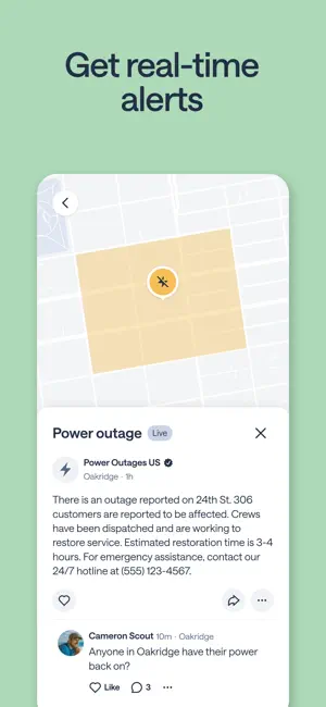 Live power outage alert on a neighborhood map with the affected blocks shaded and a neighbor's reply below