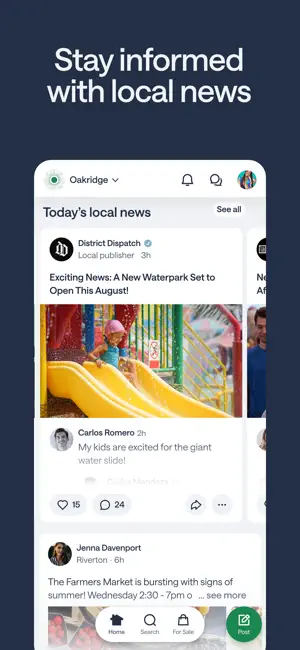 Local news card from District Dispatch about a new waterpark, with neighbor comments and reactions