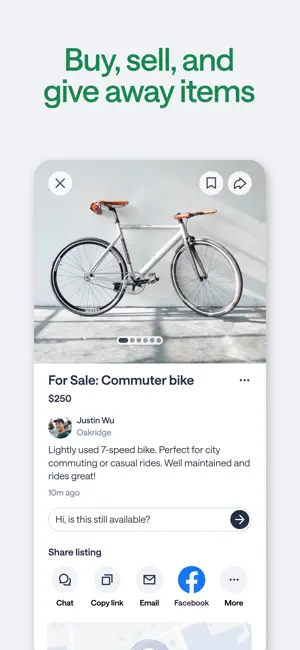 For Sale listing for a $250 commuter bike with a message box and Chat, Email and Facebook share buttons