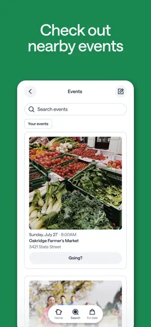 Events screen with a search bar and a Sunday farmer's market card with a Going? button