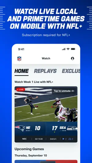 Watch tab with a live Patriots at Seahawks game on NBC, 10–17 in the third quarter, under Watch Week 1 Live with NFL+