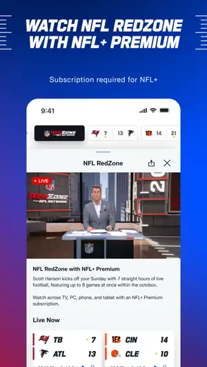 NFL RedZone panel with host Scott Hanson in the studio and Buccaneers–Falcons and Bengals–Browns scores under Live Now