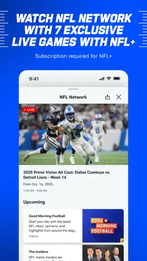 NFL Network live screen showing a Prime Vision alt-cast of Cowboys vs. Lions, with Good Morning Football and The Insiders listed next