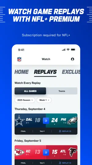 Replays tab filtered to the 2025 season, Week 1, listing a Cowboys–Eagles final of 18–24 and a Chiefs–Falcons game
