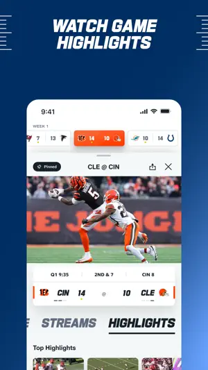 Highlights tab inside a Browns at Bengals game, first quarter 9:35 with Cincinnati up 14–10, above a Top Highlights row