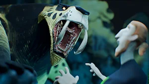 Kiona the sabertooth roaring at Elliot in a green-lit hall as he backs away with raised hands