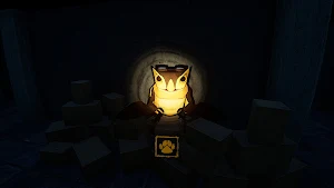 A yellow glowing creature perched on stacked crates in a storage room, lit by a lantern