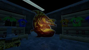 The gift shop with dinosaur-print shirts on the walls and an orange dragon mascot statue