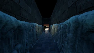 A blue-lit stone corridor stretching toward a lit doorway