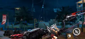 First-person bow aimed across a moonlit dock at a guard