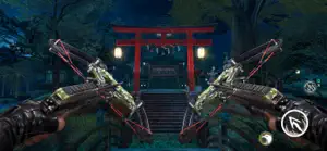 Dual crossbows raised in front of a red torii gate