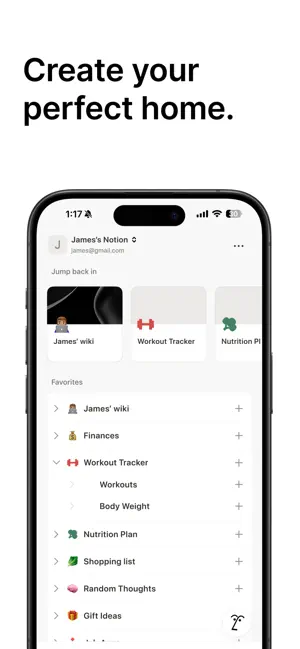iPhone home tab with Jump back in cards and a Favorites list including Workout Tracker, Nutrition Plan and Shopping list, under the headline Create your perfect home