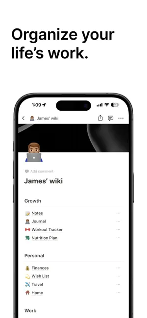 A wiki page titled James' wiki with Growth, Personal and Work lists linking to Notes, Journal, Finances and Travel, under the headline Organize your life's work