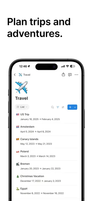 A Travel database in list view with trips such as US Trip, Amsterdam and Canary Islands, each with a date range, under the headline Plan trips and adventures