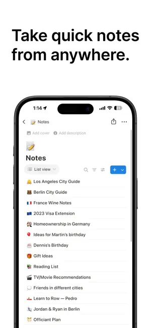 A Notes database in list view with city guides, Gift Ideas and a Reading List, under the headline Take quick notes from anywhere
