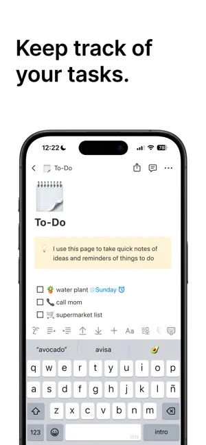 A To-Do page with checkbox items such as water plant with an @Sunday reminder above an open keyboard, under the headline Keep track of your tasks