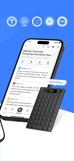 Transcript of a meeting on iPhone beside the black Notta Memo recorder, with Edit, AI Notes, Translate and Copy buttons and compliance badges