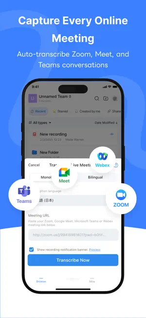 Live meeting transcription sheet with a Zoom, Meet, Teams or Webex link field, monolingual and bilingual tabs and a Transcribe Now button