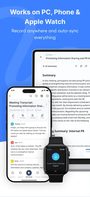 Notta transcript open on a laptop, an iPhone and an Apple Watch showing the Transcription Language screen with a record button
