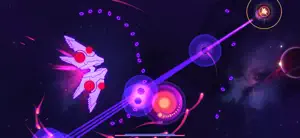 A neon ship firing a purple beam across a dark starfield