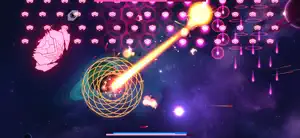 A wave of pink enemies met by a golden ring of fire