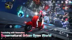 Anomaly Hunter on a red scooter racing through neon Hethereau at night