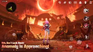 Pink-haired character facing a burning ruin under a red moon