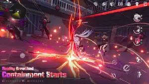 Containment fight with a red energy burst and a cat-eared enemy mid-air