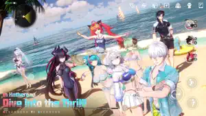 Eibon crew in swimwear on a Hethereau beach — nine characters in the sun