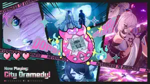 City Dramedy collage: a Tamagotchi-style pet device and character portraits