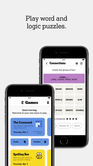 Home screen beside a Connections puzzle grouping sixteen words