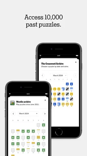 Archive screens for past crosswords and Wordle puzzles