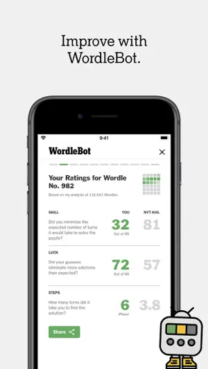 WordleBot rating a finished game for skill and luck