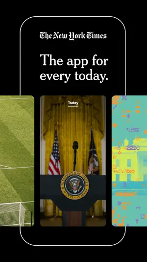 Promo slide with the Times logo, the line The app for every today and a Today tab card showing a podium between flags