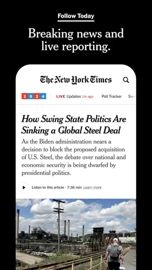 Article page with Live Updates and Poll Tracker links and a Listen to this article button marked 7:36 min