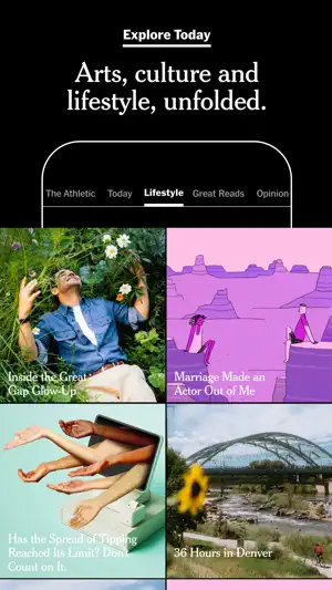 Lifestyle section grid under The Athletic, Today, Lifestyle, Great Reads and Opinion tabs with four illustrated story tiles