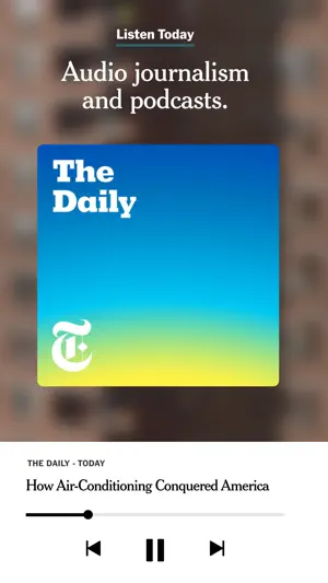 Audio player for The Daily podcast with a progress bar and back, pause and forward controls